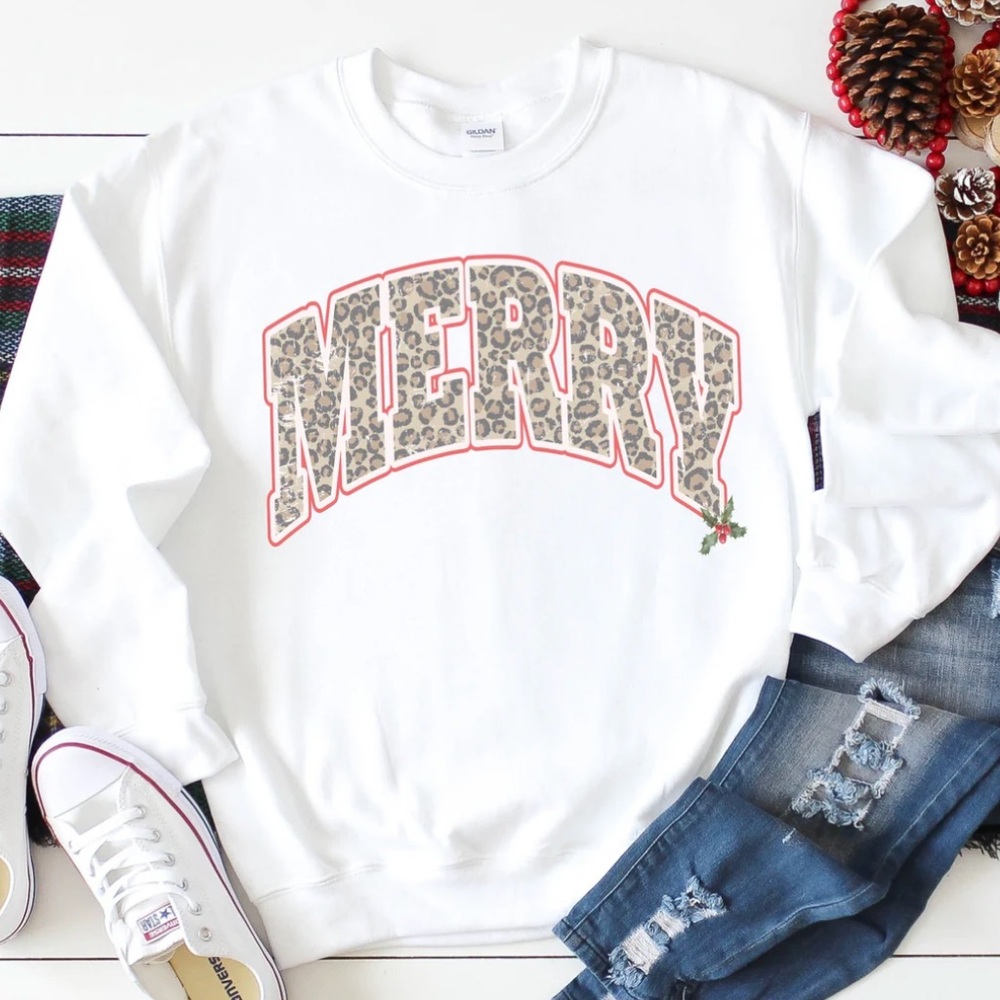White Animal Print ‘Merry' Graphic Sweatshirt